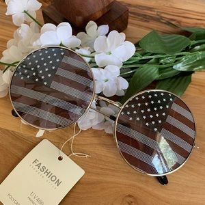 Round American Flag Silver Rimmed Sunglasses
